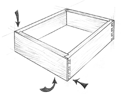 A black and white drawing of a wooden box with arrows pointing to it.