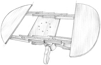 A black and white drawing of a wooden table with the leaves extended.