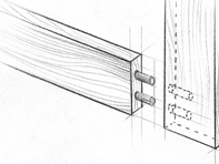 A black and white drawing of a wooden beam with screws attached to it.