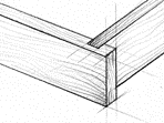 A black and white drawing of a wooden corner.