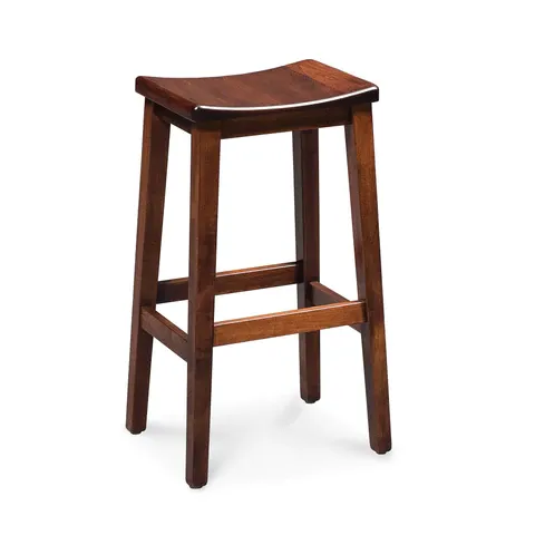 A wooden bar stool with a curved seat on a white background.