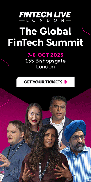 Promotional graphic for Fintech Live London summit. Features speakers and event details: October 7-8, 2025, at 155 Bishopsgate, London.