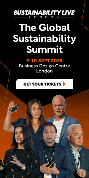 Advertisement for the Global Sustainability Summit in London, featuring speakers. Black and orange background with text and a 
