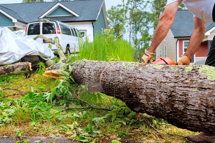Fallen tree trunk on a lawn in front of a house, with a worker's legs visible nearby.