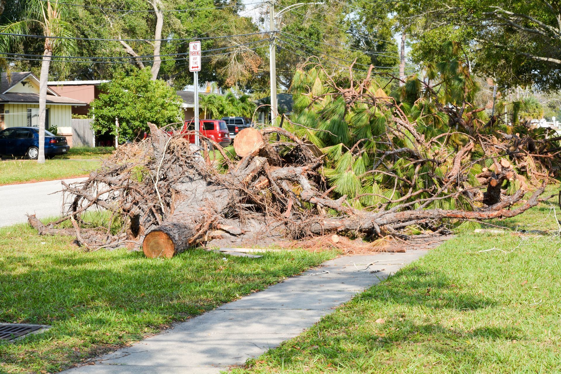 Pile of storm debris on a grassy sidewalk beside a street in a suburban neighborhood