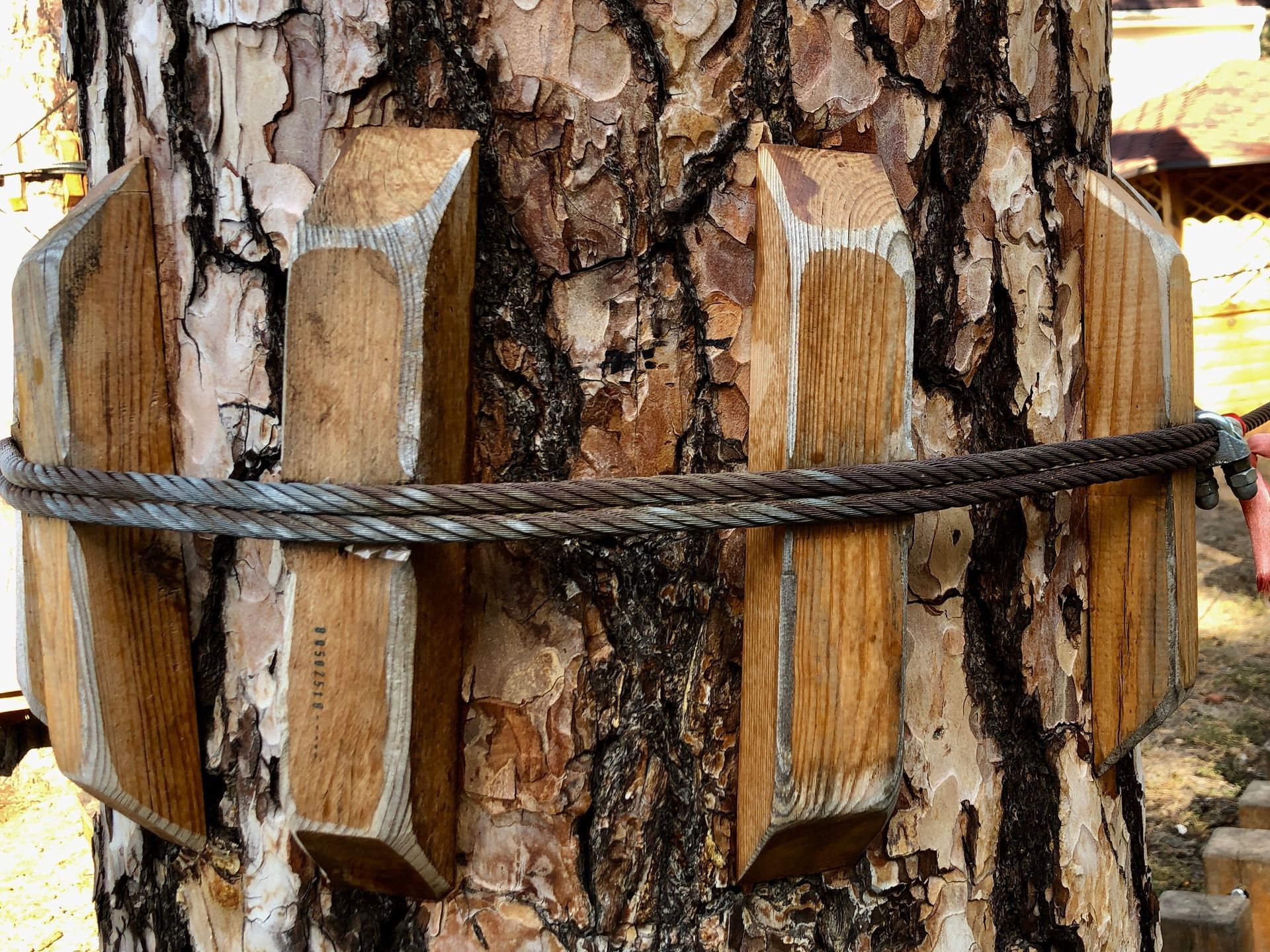 Rough wooden post wrapped with a thick rope band, showing split bark and weathered wood texture.