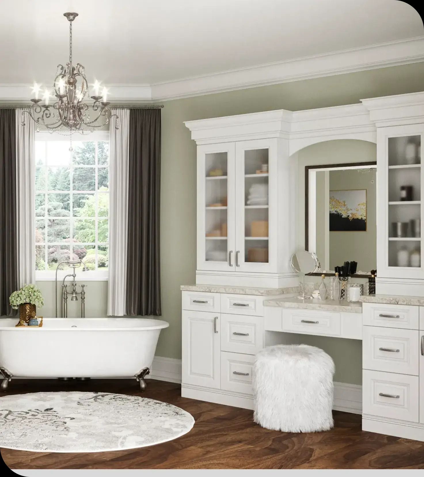Elegant white bathroom with vanity, clawfoot tub, and chandelier.