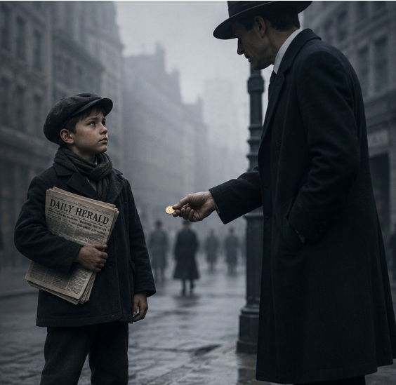 Street scene with a newspaper boy facing a man in a dark coat offering a coin in the rain.