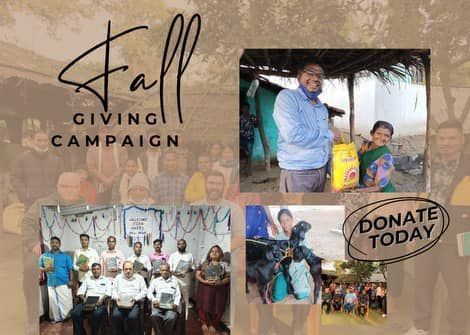 A group of people are standing next to each other in front of a sign that says `` fall giving campaign ''.