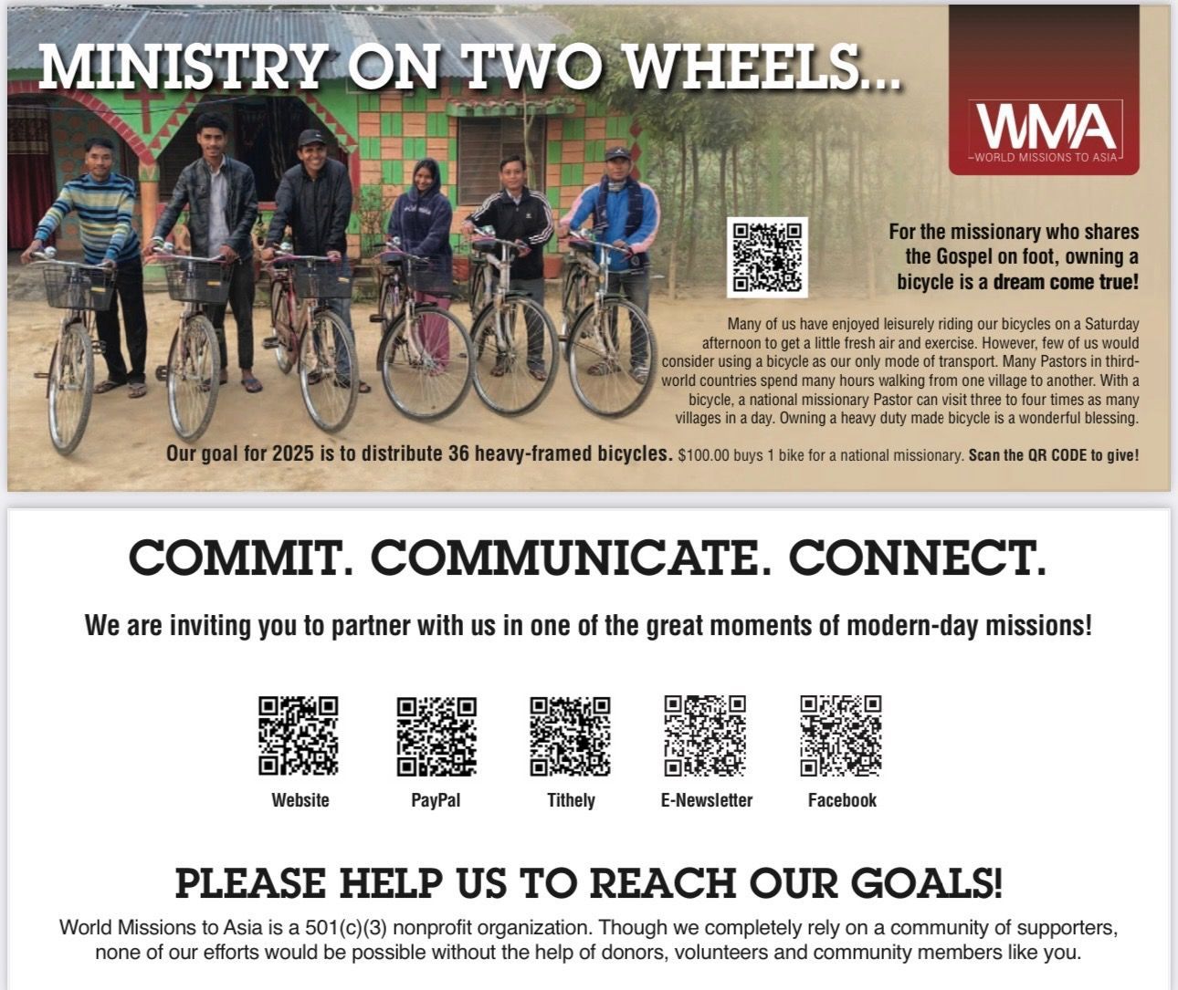 Advertisement for a ministry, featuring people with bikes and a call to