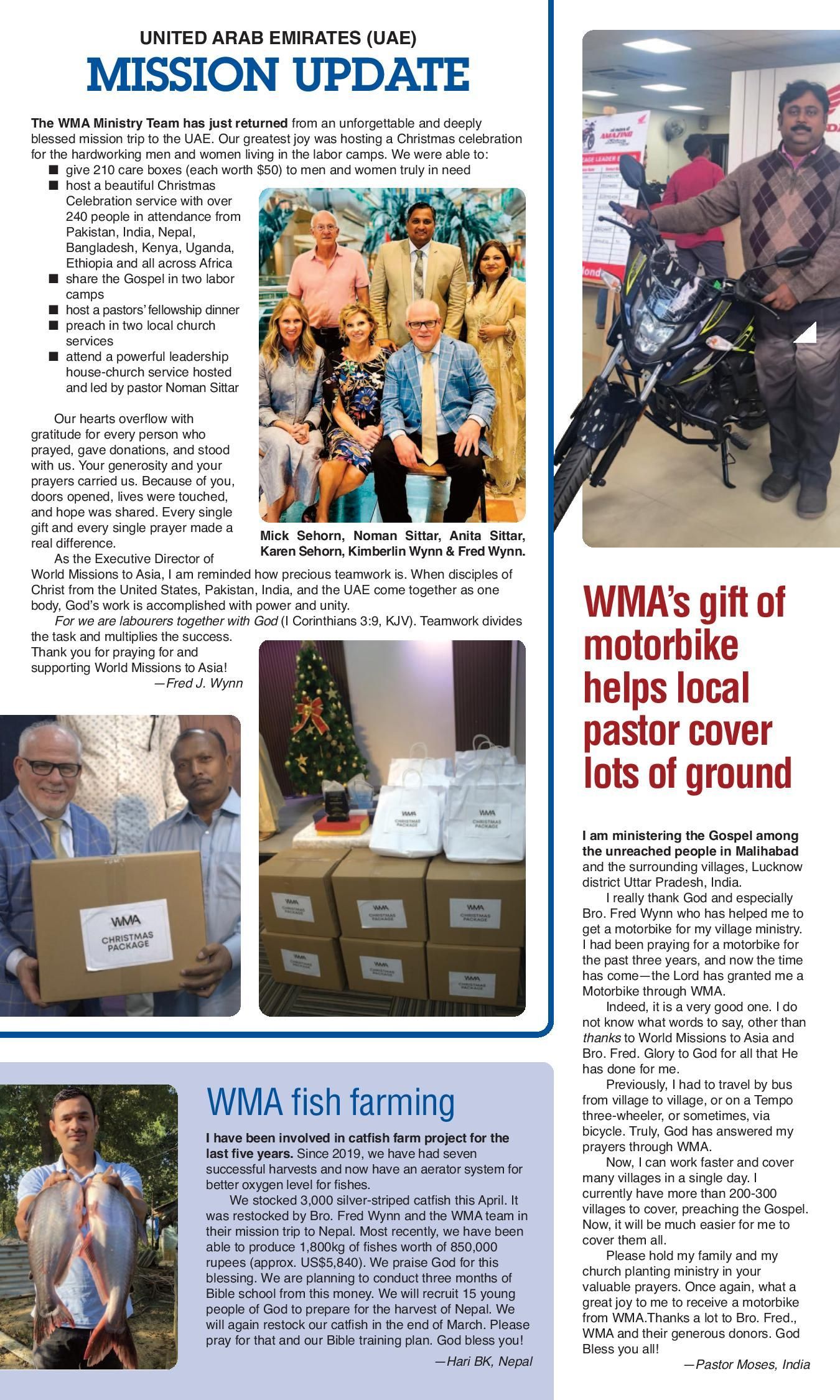 Mission Update from a newsletter with photos of people and donations.