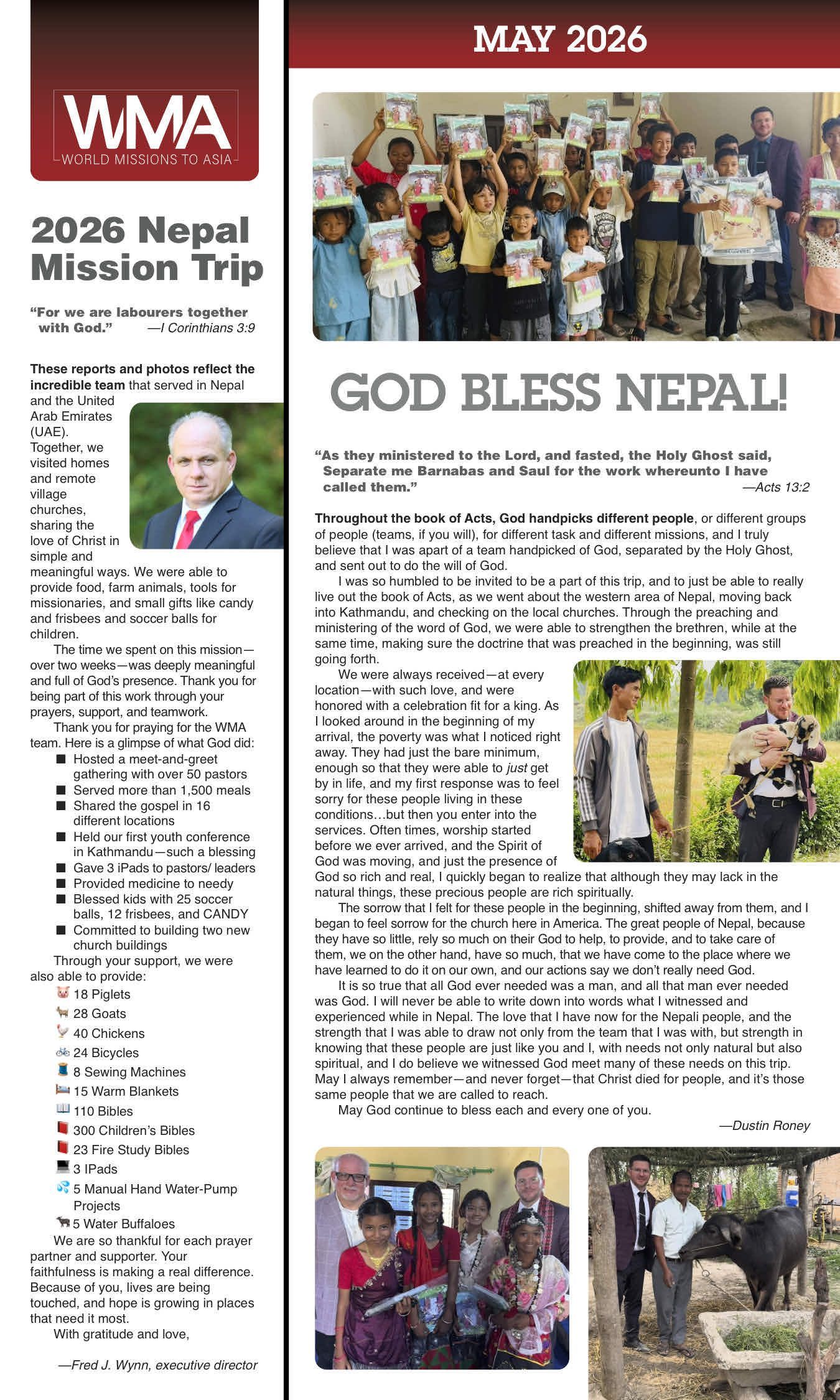 May 2026 newsletter page titled “God Bless Nepali” with photos of a Nepal mission trip and event text