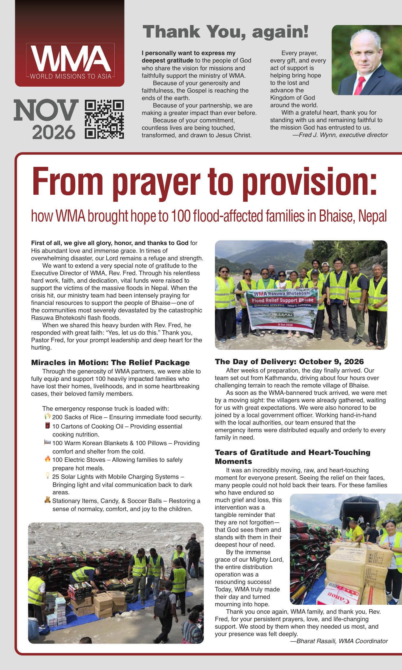 Newsletter page titled “From prayer to provision” with group photos and donation scenes