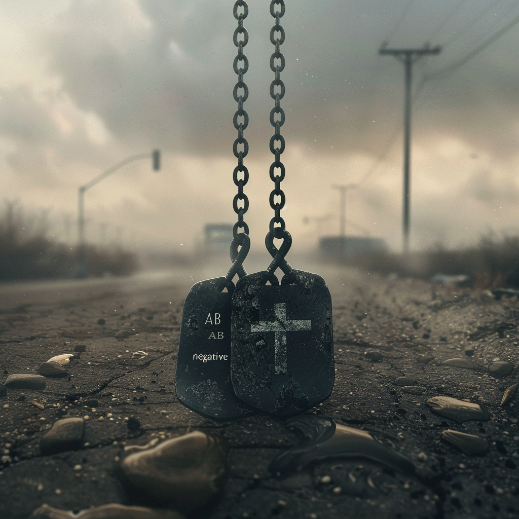dog tags; cross on one; deserted highway; blood type engraved