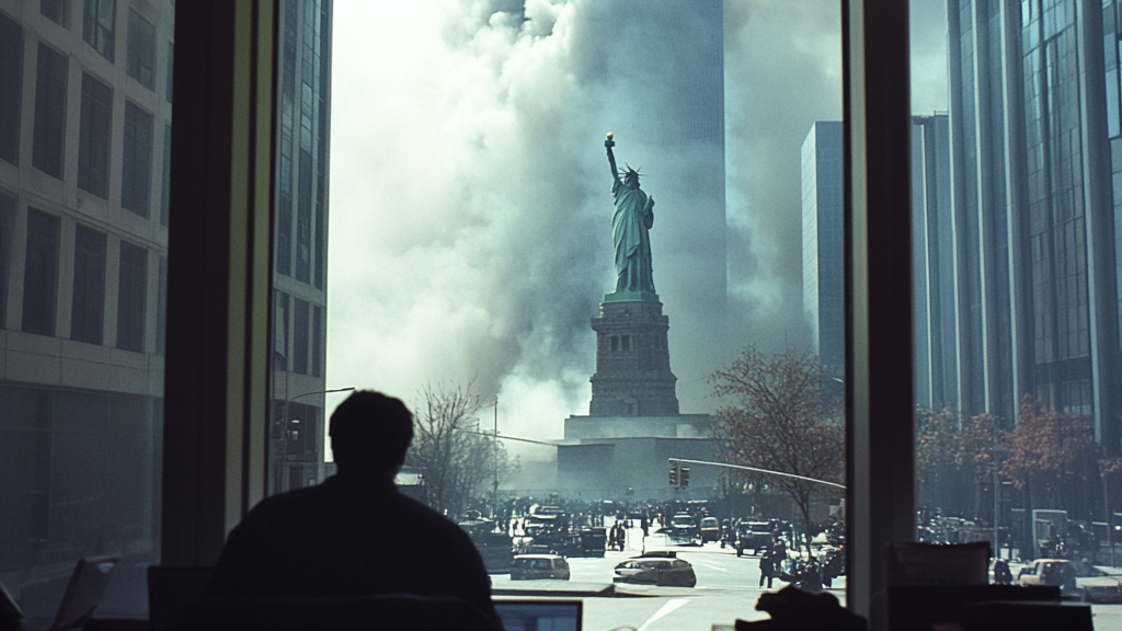 A man is looking out a window at the statue of liberty after devastation of World Trade center