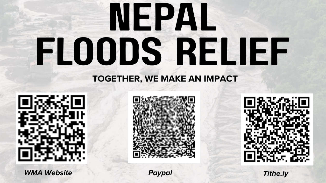 Nepal floods relief poster with three QR codes for donation platforms and “Together, we make an impact” text