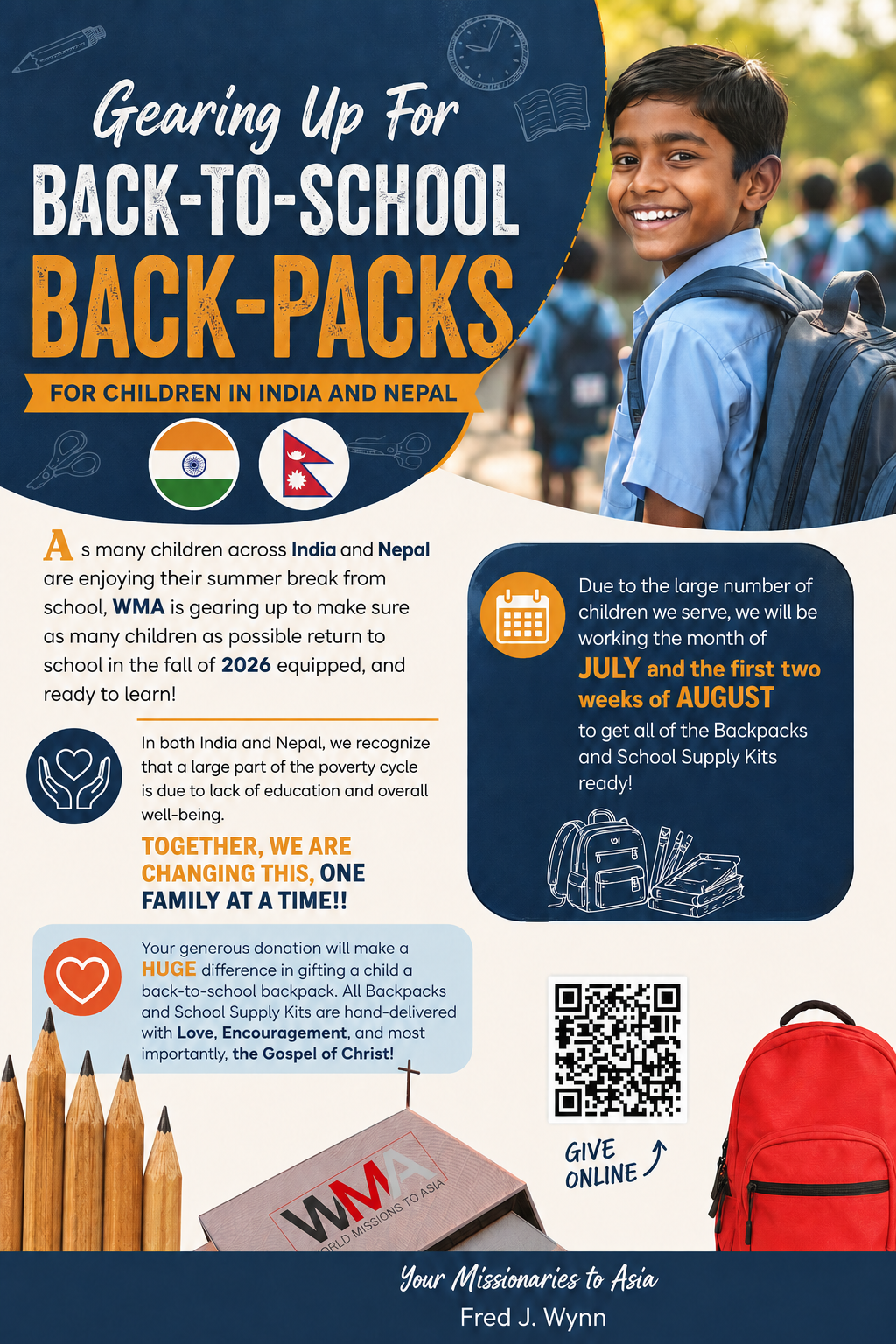 Back-to-school backpack drive poster with smiling student, blue theme, red backpack, and donation QR code