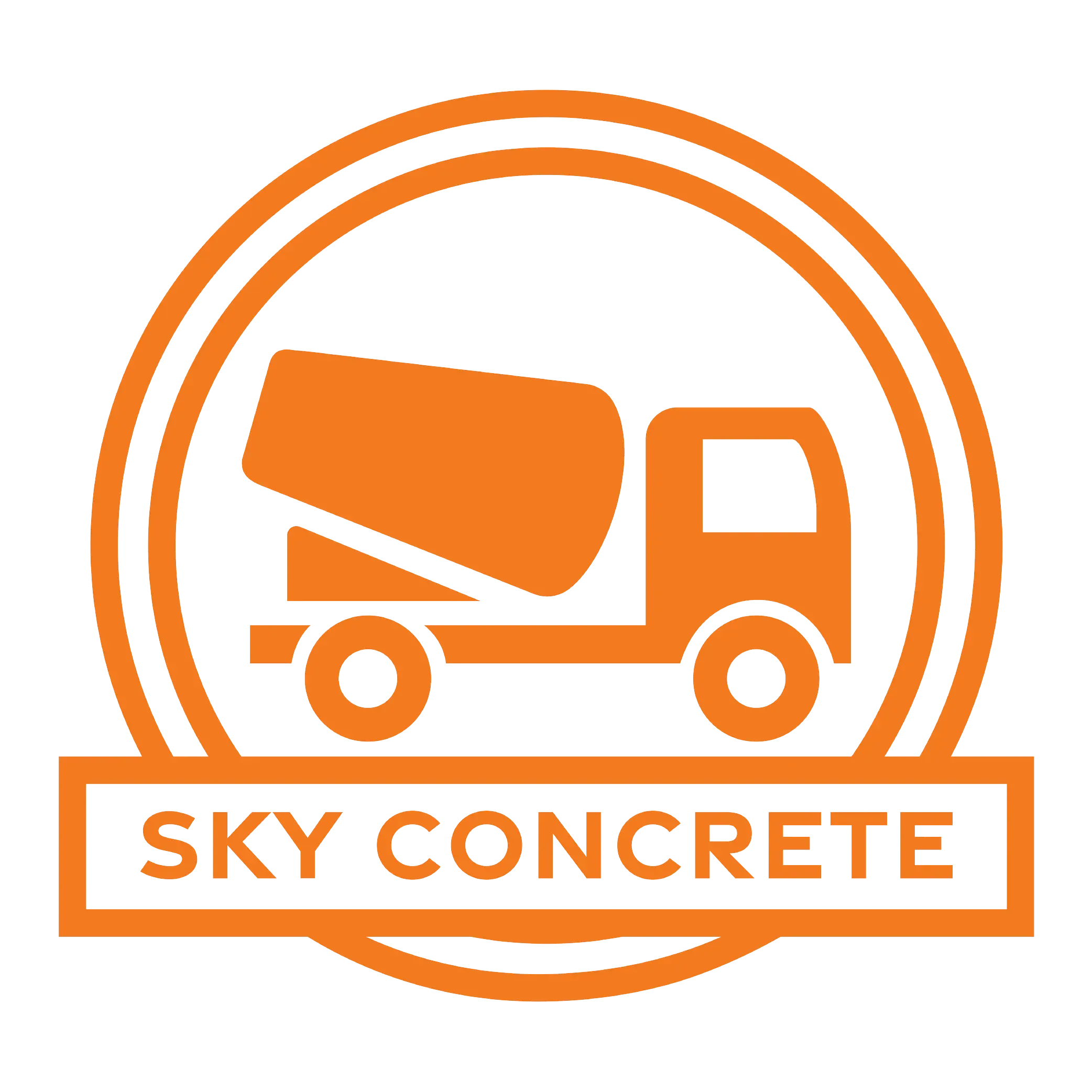 A logo for sky concrete with an orange truck in a circle