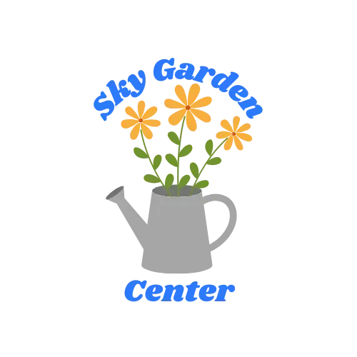 A logo for the sky garden center with flowers in a watering can