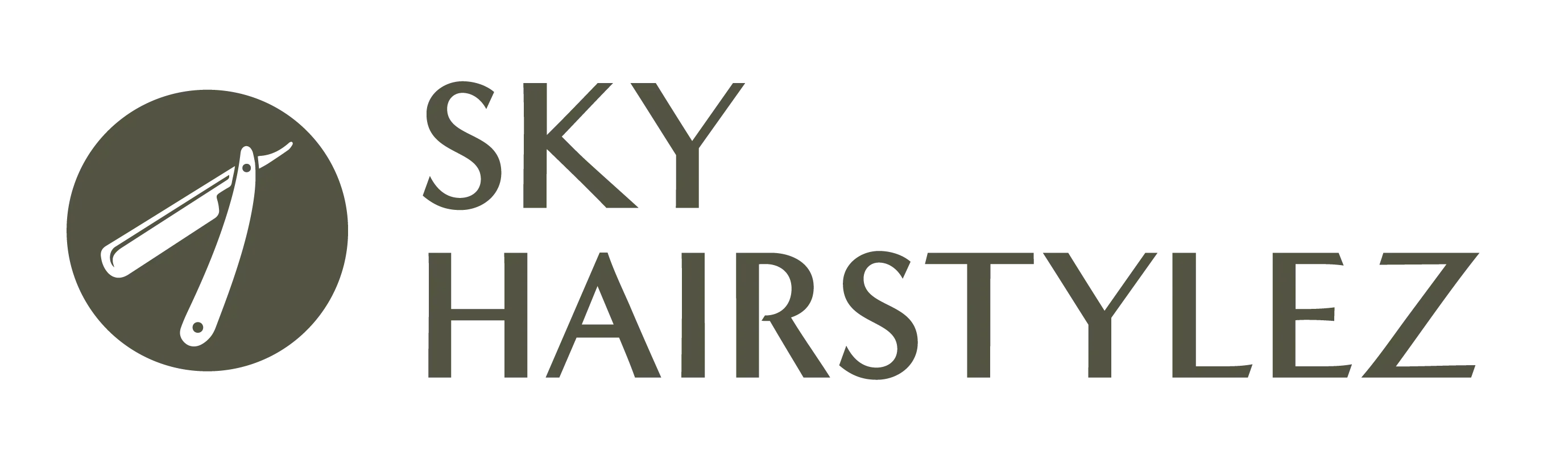 A logo for sky hairstylez with a razor in a circle.