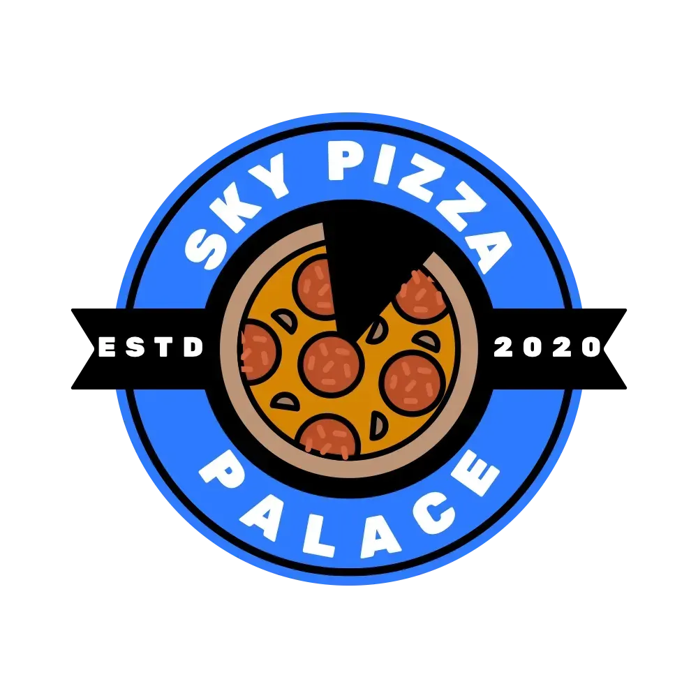 The logo for sky pizza palace shows a pizza with a slice taken out of it.