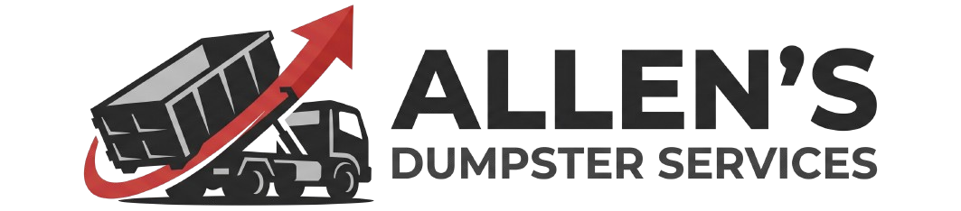 Allen&rsquo;s Dumpster Services logo with red dumpster and arrow, black and gray text