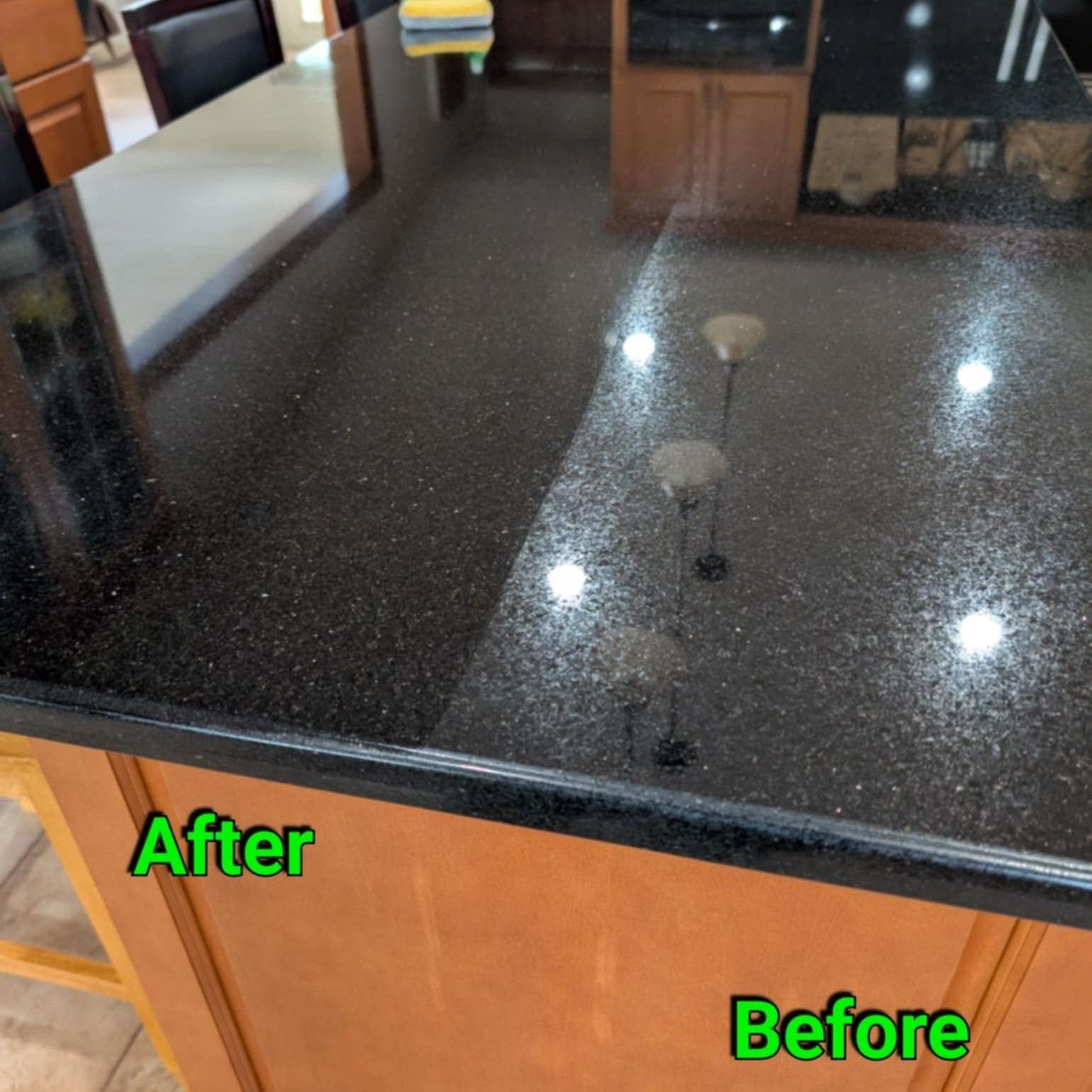 A kitchen island countertop with a clear split: the left side is polished and shiny, the right side is dull and hazy.