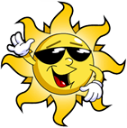 A cheerful, yellow cartoon sun wearing sunglasses and white gloves, waving with one hand.