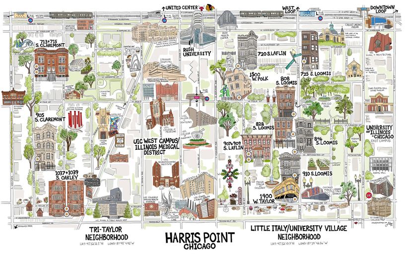 A map of a city with lots of buildings and trees.