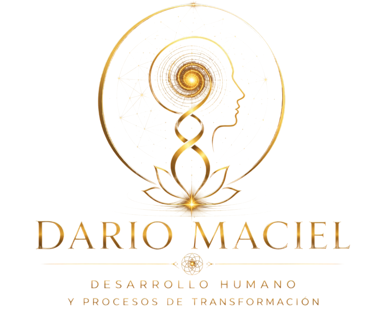 Gold logo with a meditating figure and the text “Dario Maciel: Desarrollo humano y procesos de transformación”