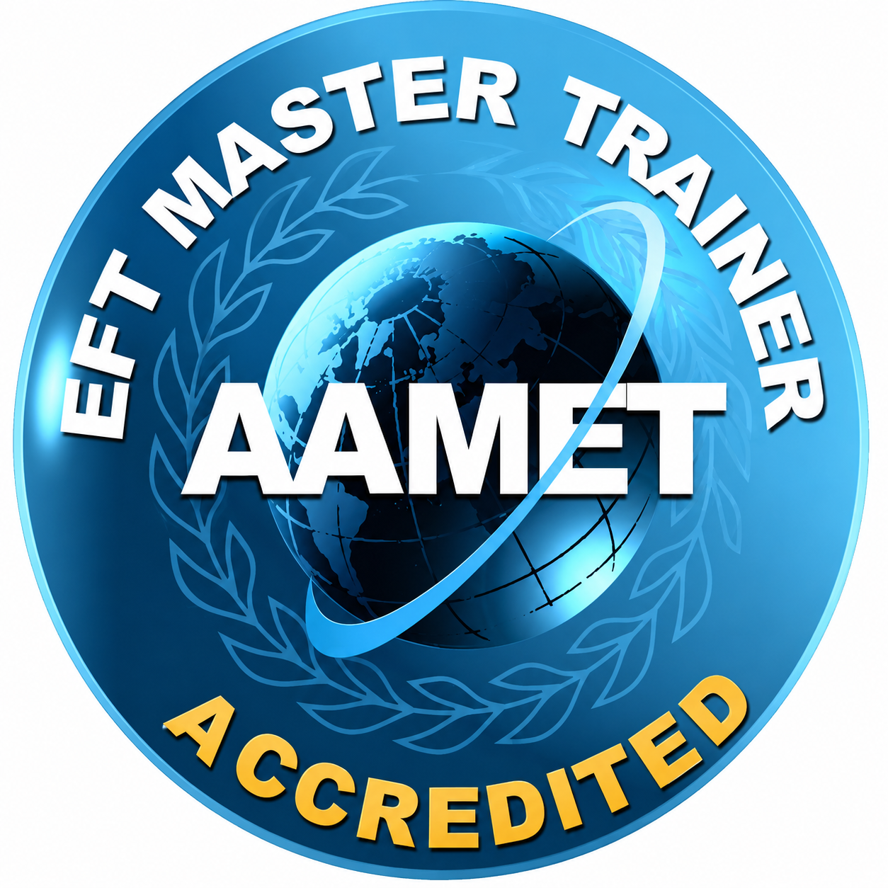 Instructor Máster de AAMET EFT acreditado, insignia circular azul con globo terráqueo y corona de laurel.