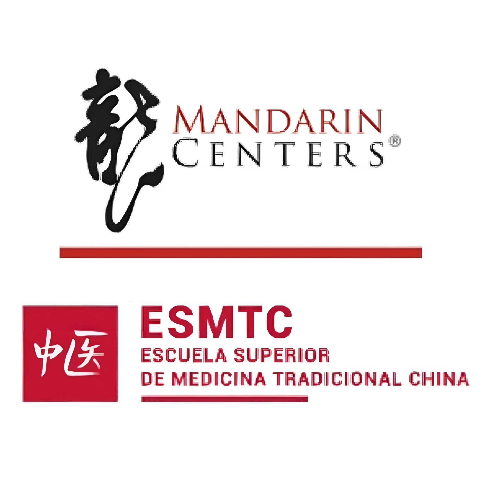 Logotipos de Mandarin Centers y ESMTC con caracteres chinos y detalles en rojo sobre un fondo blanco.