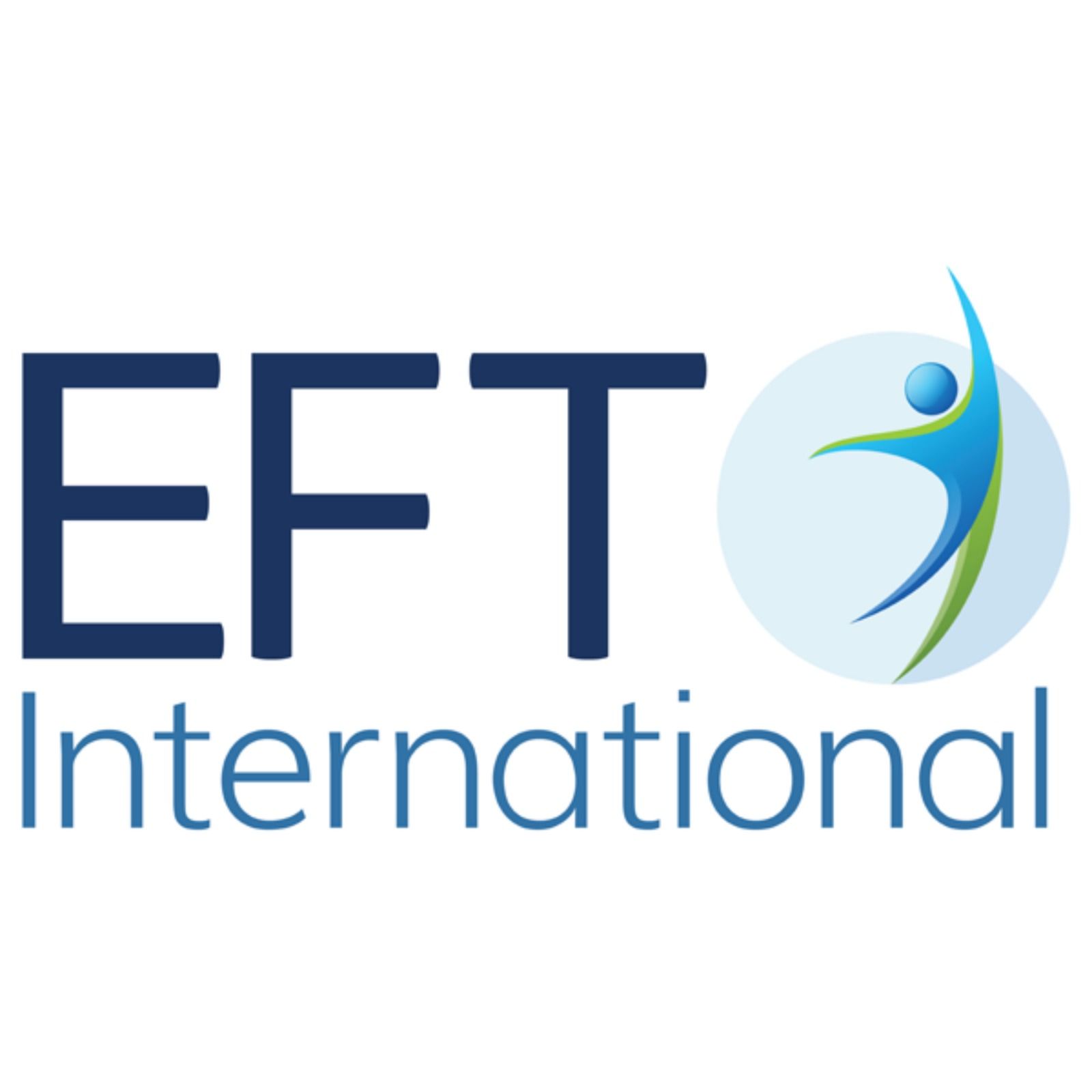 Logotipo de EFT International con texto azul y una figura abstracta azul verdosa en un icono circular.