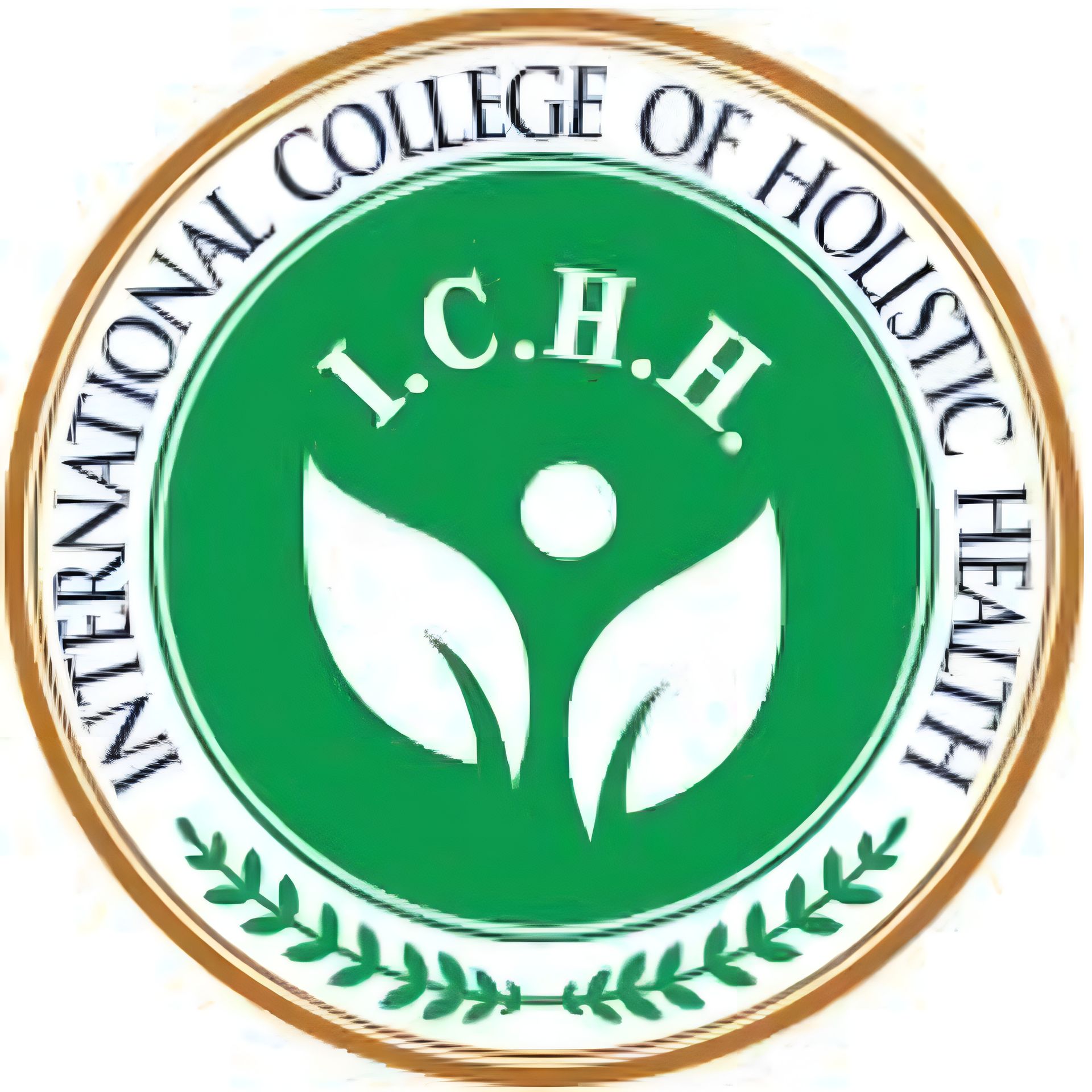 Logotipo del International College of Holistic Health (ICHH), emblema circular verde y blanco con hojas de laurel.