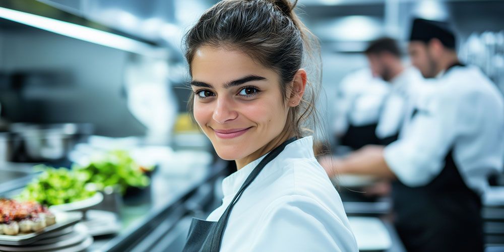 Une femme sourit dans une cuisine avec des chefs en arrière-plan