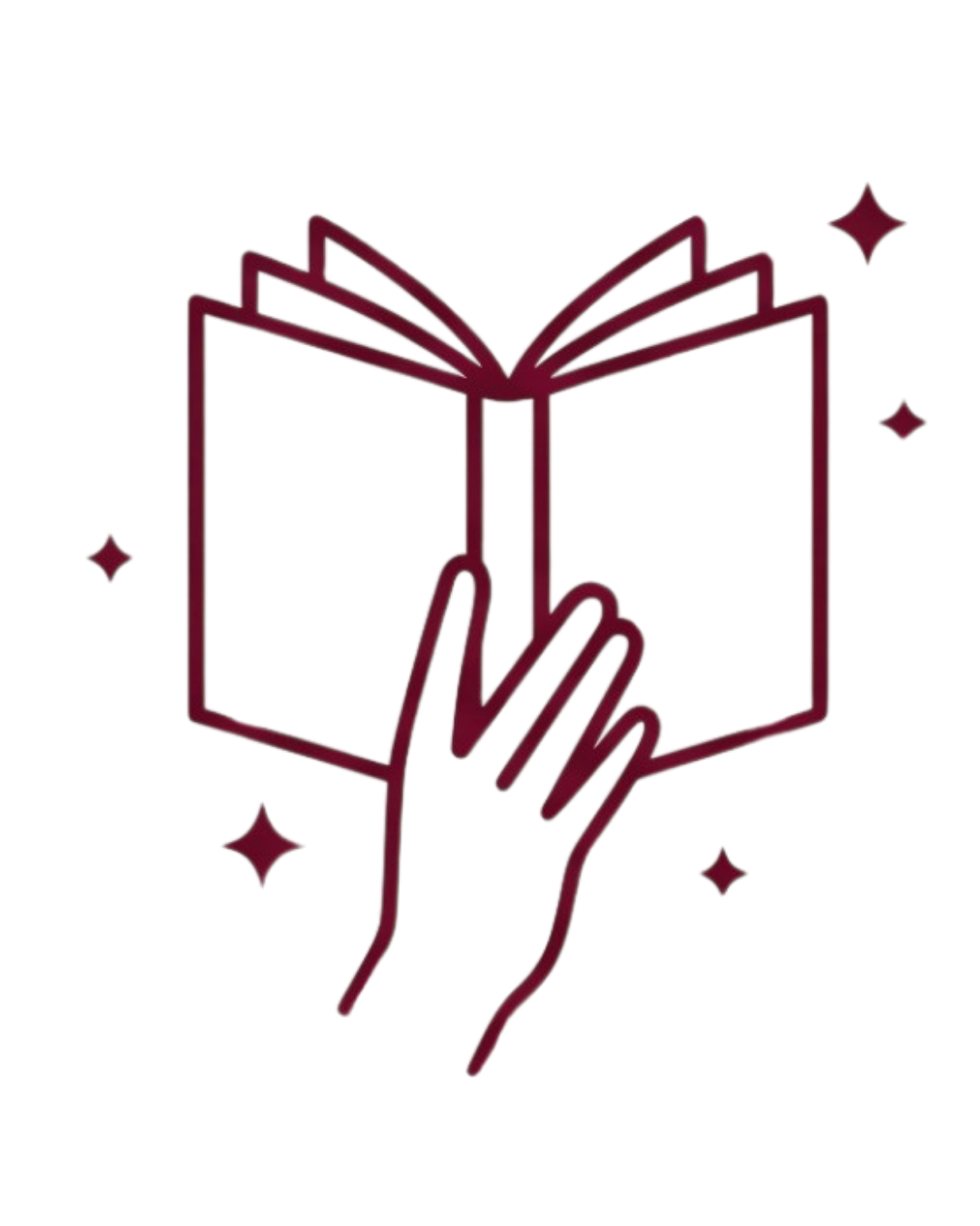 Maroon line drawing of a hand turning pages in an open book, with small sparkles around it