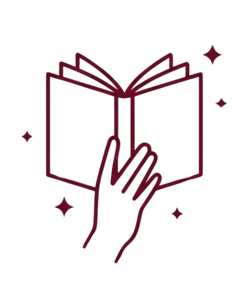 Maroon line drawing of a hand turning pages in an open book, with small sparkles around it