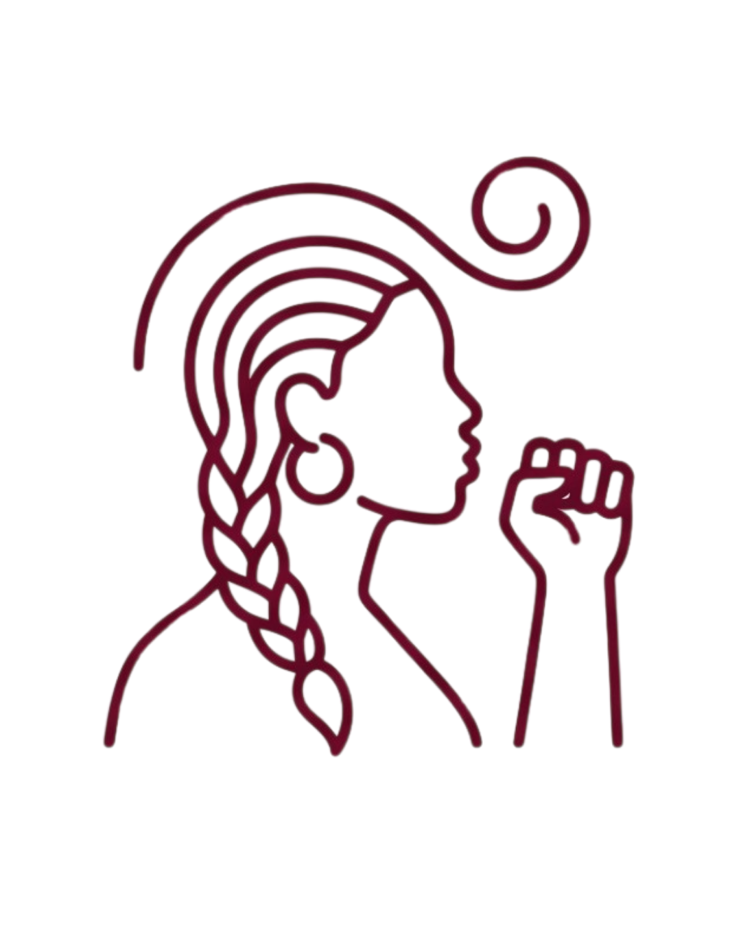 Line-art profile of a braided woman with raised fist and curl above her head in maroon on white.
