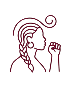 Line-art profile of a braided woman with raised fist and curl above her head in maroon on white.