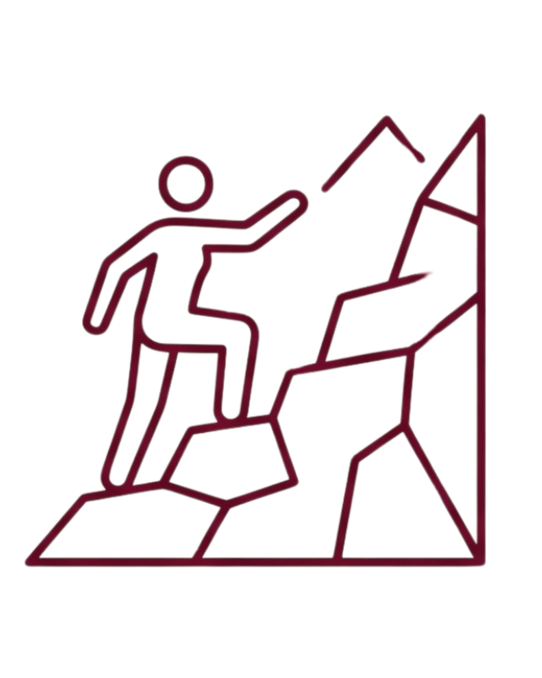 Line icon of a climber ascending a rocky mountain with one arm raised.