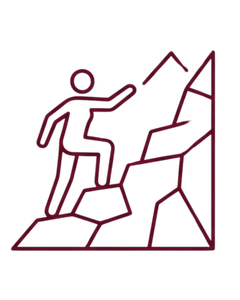 Line icon of a climber ascending a rocky mountain with one arm raised.