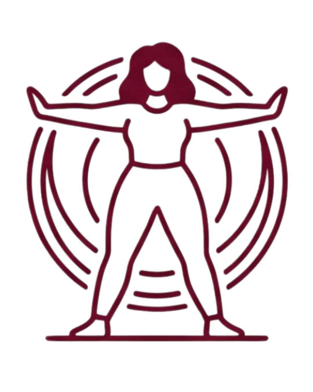 Maroon line drawing of a person standing with arms outstretched before concentric arcs