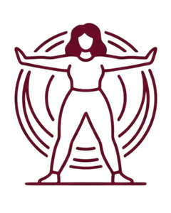 Maroon line drawing of a person standing with arms outstretched before concentric arcs