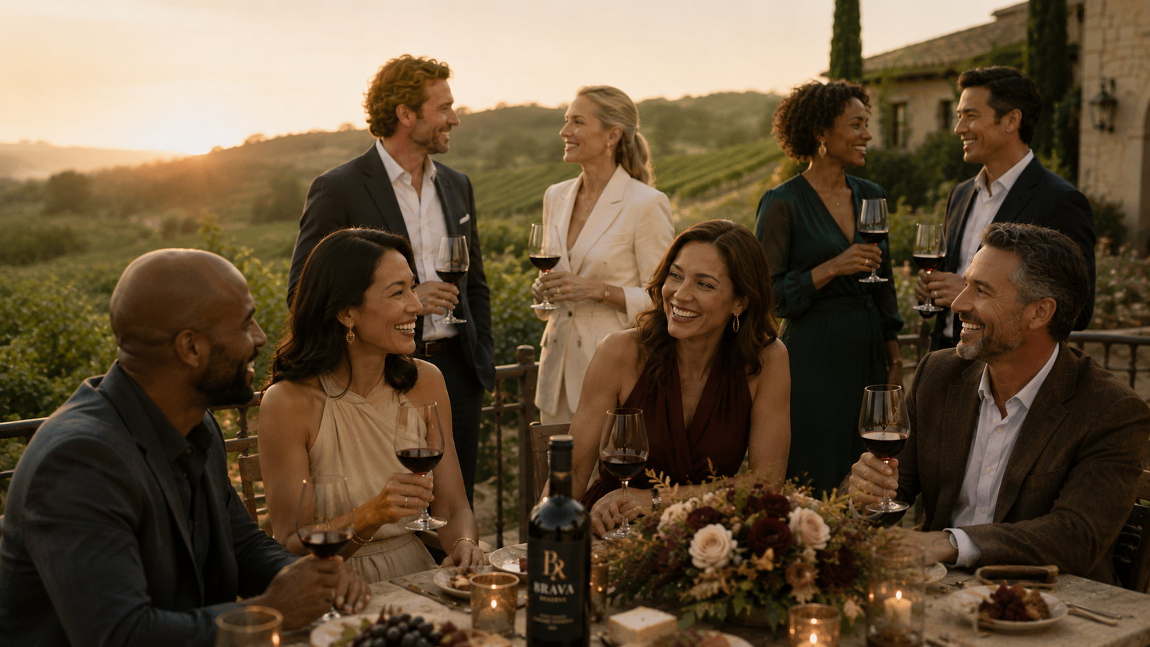 Guests socialize around a candlelit outdoor dinner table at sunset, with wine and floral centerpieces.