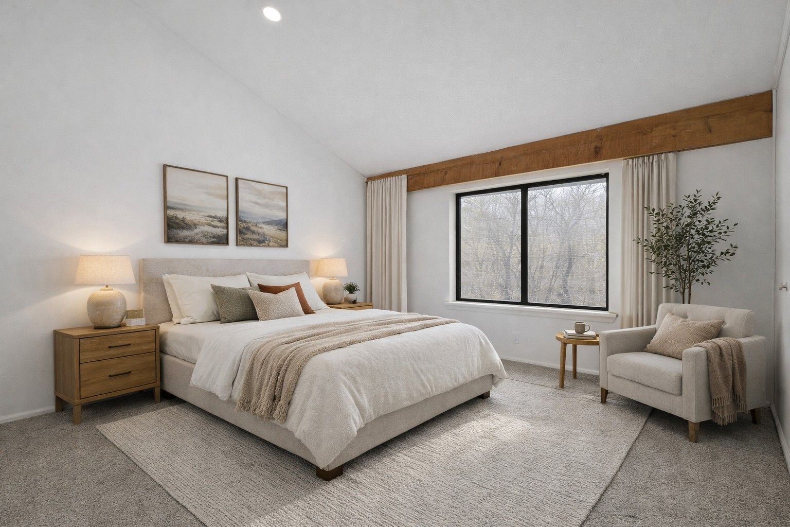 Bedroom with bed, nightstands, armchair, window, and rug. Neutral colors: white, beige, brown.