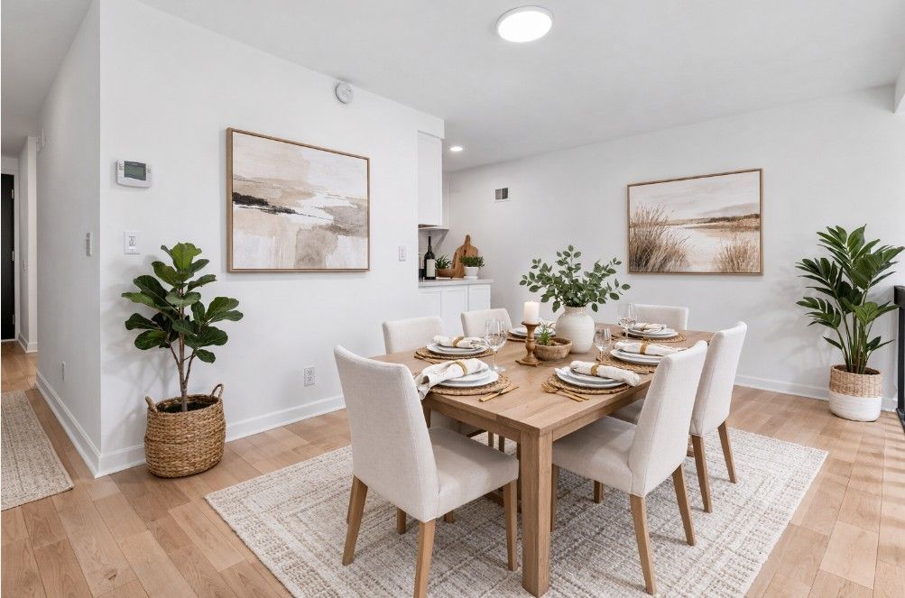 Dining room with wooden table, beige chairs, and artwork; plants and rug.