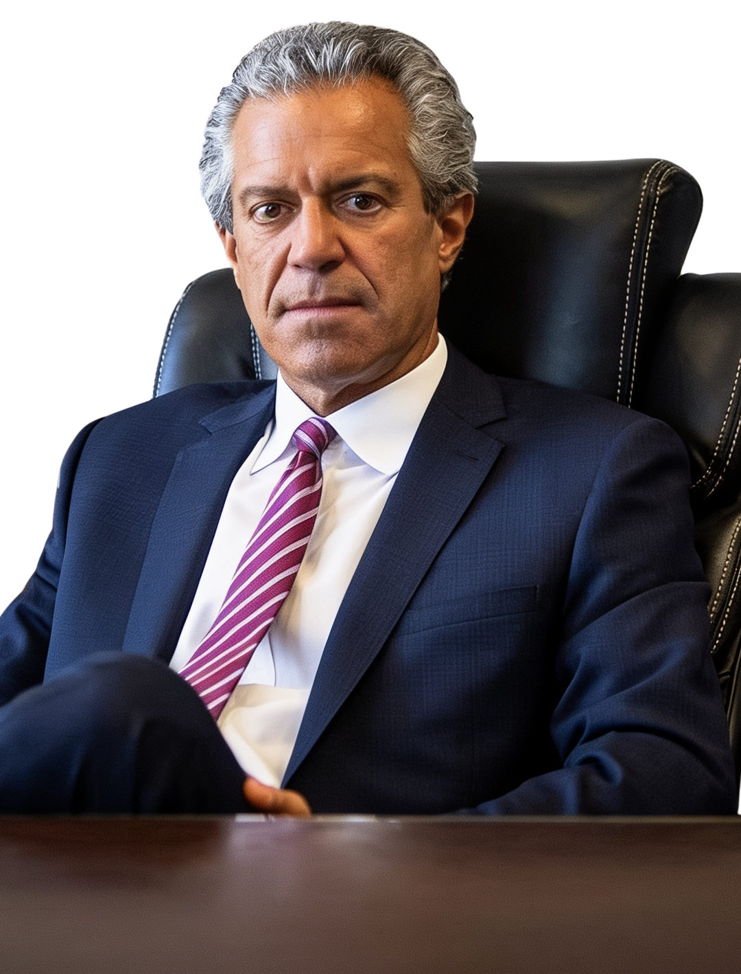 Seated executive in a dark suit and striped tie, facing forward in an office chair