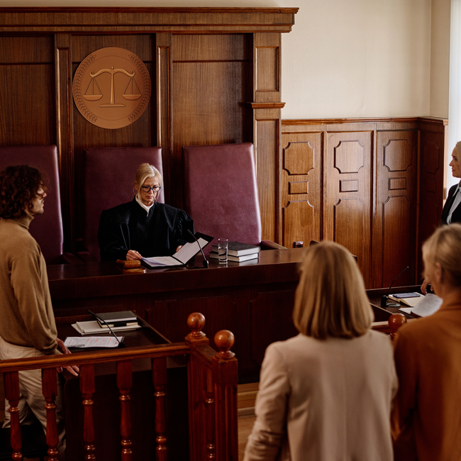 Judge at bench in a courtroom, listening to people standing before him.