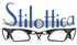 Logo stilizzato “Stilotica” in blu sopra l’illustrazione di un paio di occhiali neri.