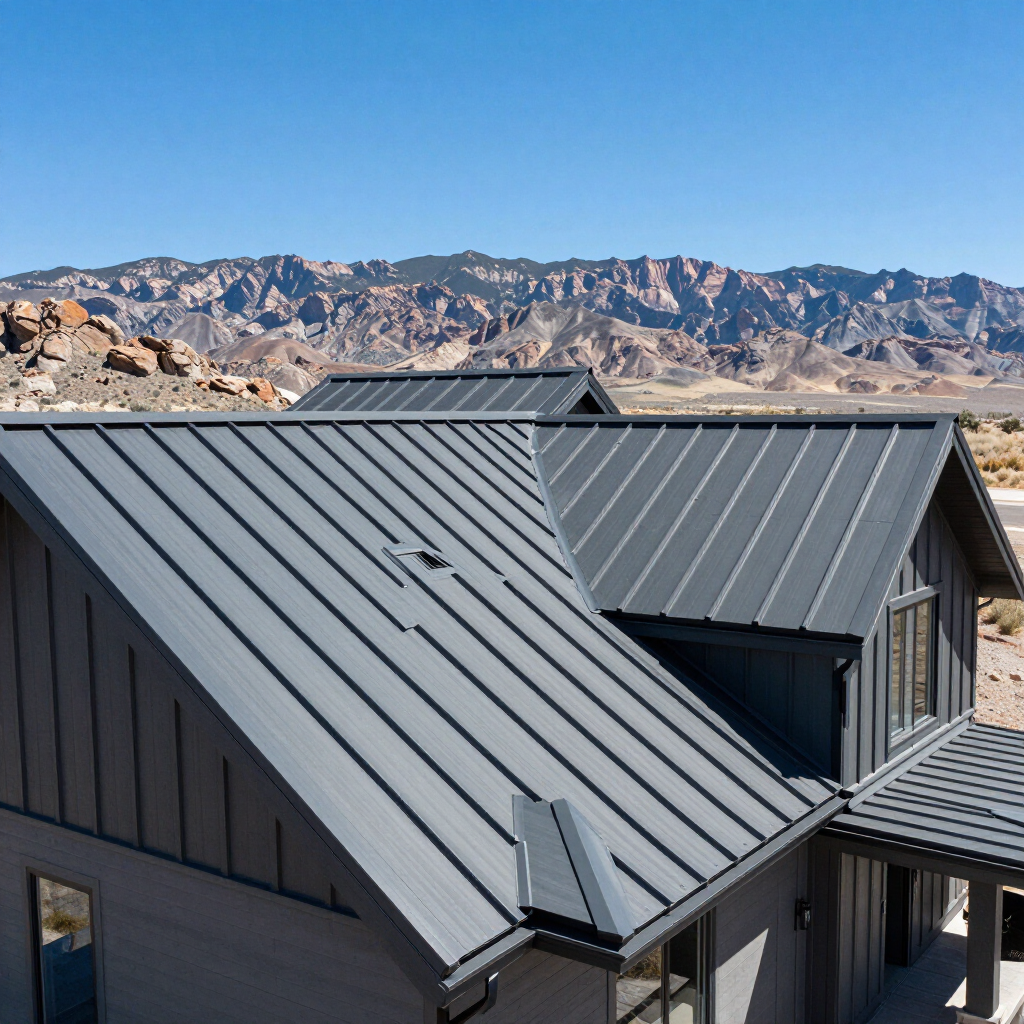 Snap Lock standing seam roof on Utah residential home with mountain backdrop